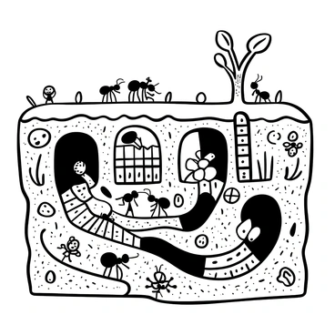 A detailed cross-section illustration of an ant colony underground, showcasing intricate tunnels and chambers. Various ants of different sizes are busy working, carrying food and materials throughout the tunnels. There are interconnected passageways leading to a large chamber filled with food reserves and eggs. The soil surrounding the tunnels is textured, highlighting the natural environment. Small roots from above penetrate into the colony, adding to the complexity of the scene.
