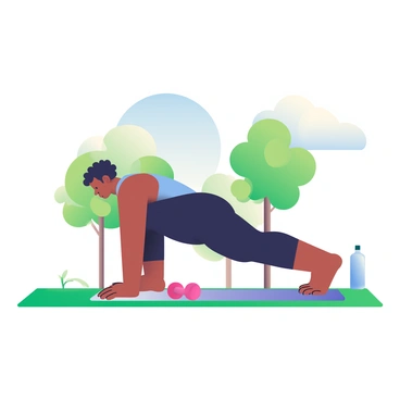 A person with dark skin and short curly hair is practicing yoga outdoors on a green grassy area. They are in a downward dog position, wearing a fitted blue tank top and black leggings. Nearby, a pair of pink dumbbells and a yoga mat in lavender color are placed on the grass. In the background, a few trees with lush green leaves create a natural setting, and a clear blue sky is visible. To the side, a water bottle sits on the ground, reflecting sunlight.