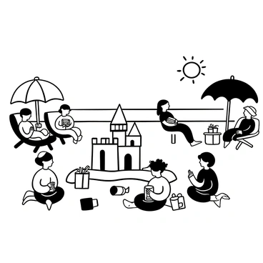 Children are constructing intricate sandcastles on a sandy beach, with tiny shovels and buckets scattered around them. Each sandcastle has towers and moats, depicting their imaginative designs. In the background, several adults are lounging on beach chairs under large umbrellas. Some adults are reading books, while others are enjoying cold drinks placed on small tables next to them. The sun shines brightly overhead, casting distinct shadows on the sand. The ocean waves gently lap at the shore, creating a playful backdrop to the beach scene.