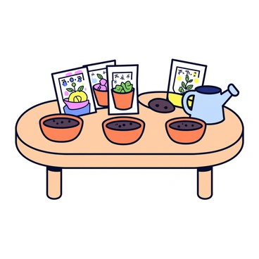 A DIY germination kit is displayed on a wooden table. The kit includes several small, round pots made of biodegradable material. Each pot is filled with rich, dark soil. Various packets of seeds are neatly organized beside the pots, featuring colorful labels with illustrations of the plants. A small watering can is placed next to the pots, ready for use. The table has a light wood finish, adding to the natural aesthetic of the scene.