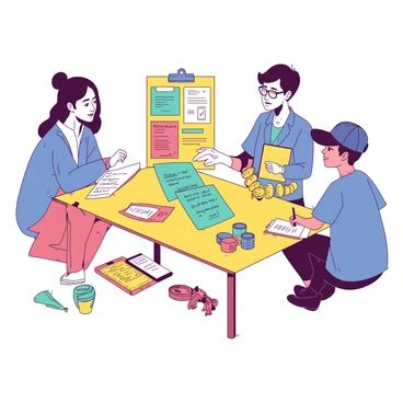 A yellow table is covered with various colorful notes and prize ideas. A group of three volunteers is gathered around the table, discussing their plan for a fundraising raffle. One volunteer, a woman with brown hair tied in a bun, is pointing at a teal notepad filled with ideas. Another volunteer, a man wearing glasses, is jotting down information on a white clipboard. The third volunteer, a teenager with a cap on backwards, is holding a yellow poster board displaying the raffle details. In the background, there are more colorful papers and small prizes arranged neatly on the table.