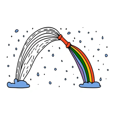 A vibrant rainbow arching across a misty background created by the spray of a fire hose. The fire hose is bright red and is releasing a thick curtain of water droplets, creating a shimmering effect in the sunlight. The mist is catching the light, enhancing the colors of the rainbow which displays a full spectrum from red to violet. The scene is energetic and dynamic, with water droplets sparkling in the air around the rainbow.