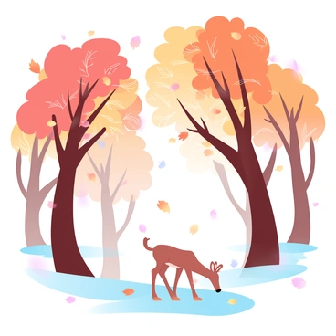 A dense forest filled with tall trees showcasing vibrant autumn leaves in shades of orange, red, and yellow. Leaves are falling gently to the ground, creating a colorful carpet. In the foreground, a deer is grazing quietly on the grass. The deer has a slender build with a light brown coat, blending harmoniously with the autumn landscape. Sunlight filters through the branches, casting soft shadows on the forest floor.