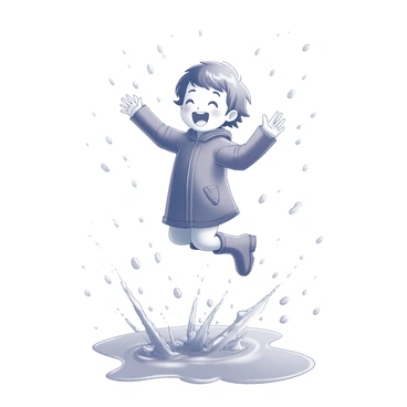A child with short hair is joyfully jumping into a rain puddle. The child is wearing a raincoat and rubber boots, which are splashing water in all directions. Water droplets are visibly rising around the child as they leap, creating a dynamic and playful atmosphere. The ground is wet, with the puddle reflecting the child's cheerful expression. The scene captures the movement and excitement of playing in the rain.