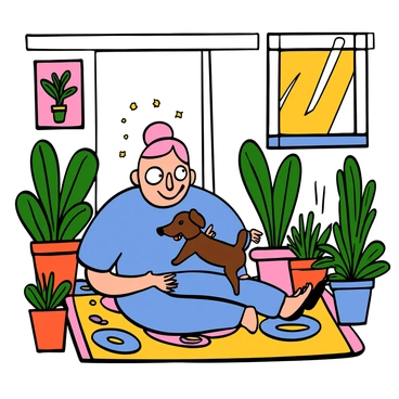 A light-skinned person with big eyes and short pink hair is sitting on a colorful rug in a sunlit room. They are smiling while playing with a small fluffy dog. The room is filled with various vibrant green plants scattered around in pots, and colorful artworks hang on the walls. Sunlight streams through a window, illuminating the cheerful atmosphere. The person is wearing a loose-fitting blue t-shirt and comfortable jeans. The dog is playfully jumping around, looking excited.