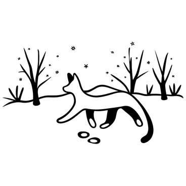 A caracal with large ears and a sleek body is cautiously treading through a snowy landscape. The ground is blanketed with snow, creating a smooth, white surface. Sparse trees with bare branches are scattered in the background. Footprints in the snow follow the path of the caracal, leading deeper into the wintry scene. In the distance, a faint outline of mountains rises against the sky. Small snowflakes gently fall around the caracal, adding to the serene atmosphere.