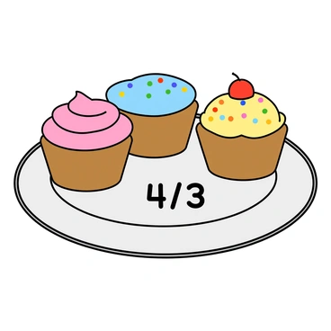 A colorful display of four cupcakes arranged neatly on a white plate. There are three cupcakes remaining, each topped with vibrant frosting in different colors: one with pink frosting decoratively swirled, another with light blue frosting sprinkled with colorful confetti, and a third with yellow frosting adorned with a small cherry on top. The fourth cupcake is missing, leaving an empty space on the plate that highlights the message "4/3." The background is plain to focus attention on the delightful cupcakes.