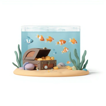 A group of colorful guppies, featuring orange, blue, and yellow hues, swim playfully around a sunken treasure chest at the bottom of an aquarium. The treasure chest, made of aged wood and decorated with rusted metal accents, is partially open, revealing sparkling gold coins and shimmering jewels inside. The water is clear, allowing light to filter through and create rippling patterns on the sandy substrate. Some guppies dart in and out of the chest, while others hover nearby, curiously observing the treasures. Several aquatic plants surround the scene, swaying gently in the water.