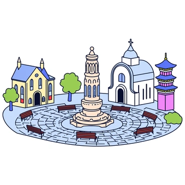 A historic city square featuring a variety of architectural elements from different religious traditions. In the center of the square stands a tall, intricate stone fountain with detailed carvings. Surrounding the fountain are benches made of dark wood. To one side, there is a large Gothic-style cathedral with pointed arches and stained glass windows. Nearby, a simple white temple with a domed roof showcases minimalist design and an entrance adorned with columns. On the opposite side, a pagoda with layered roofs features vibrant colors and decorative motifs. The ground of the square is paved with cobblestones that lead to grassy patches interspersed among the buildings.