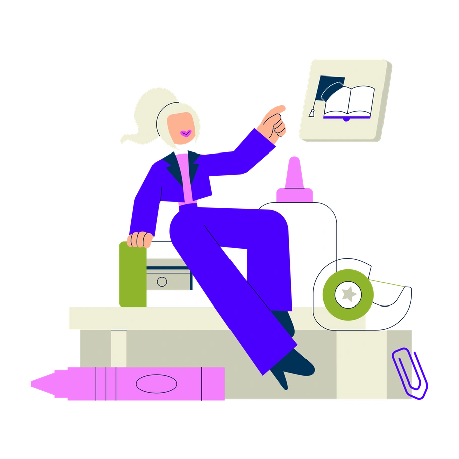 A woman sitting on books with school supplies - Cubes style illustration