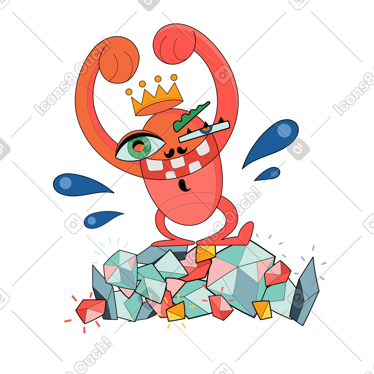 Illustration Roi fou sur un tas de diamants dans le style Surr à télécharger aux formats PNG, SVG