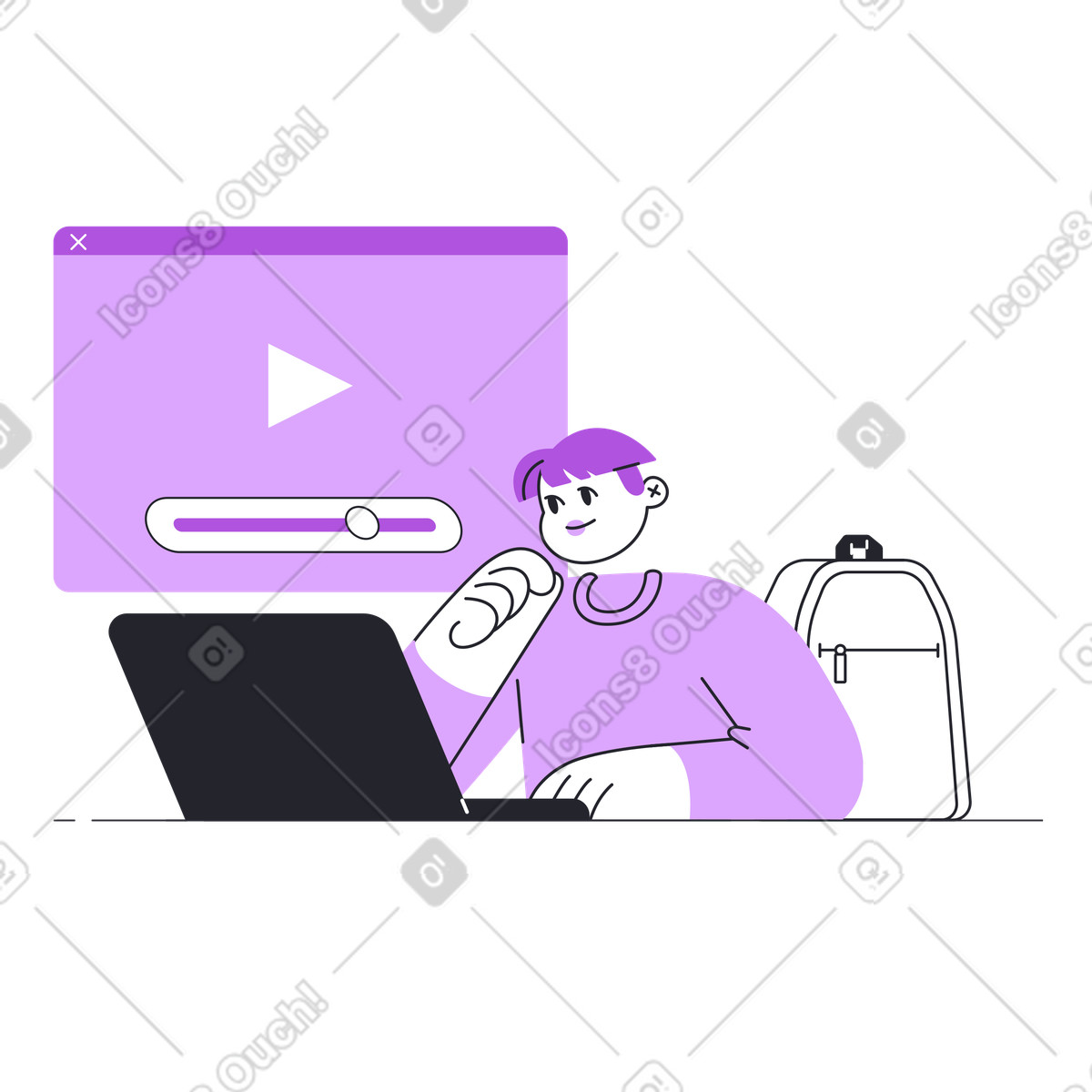 Student watching educational video on laptop, E-learning or digital education illustration in Grapy style download in PNG, SVG