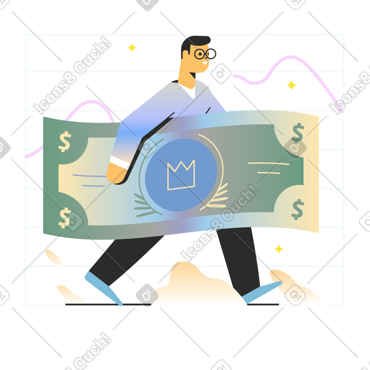 Ilustración Hombre que lleva un billete grande en estilo Marginalia a descargar en PNG y SVG