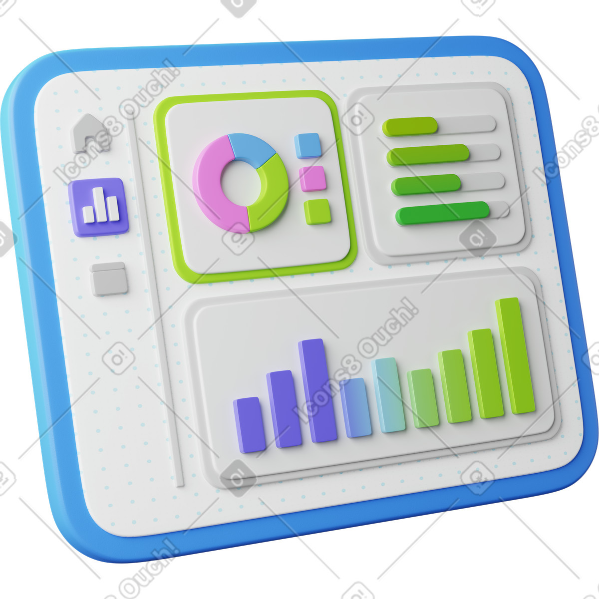 Ilustración Dashboard analytics panel with pie chart and bar graph widgets en estilo 3D Playful a descargar en PNG y SVG