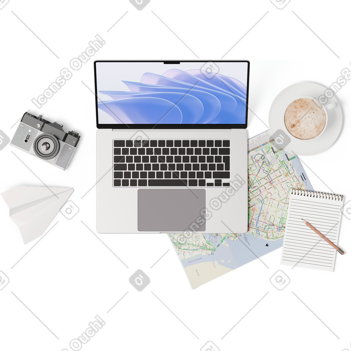 Vista dall'alto di mappa, laptop, fotocamera, notebook, tazza caffè illustrazione in stile 3D Hygge scarica in PNG, SVG