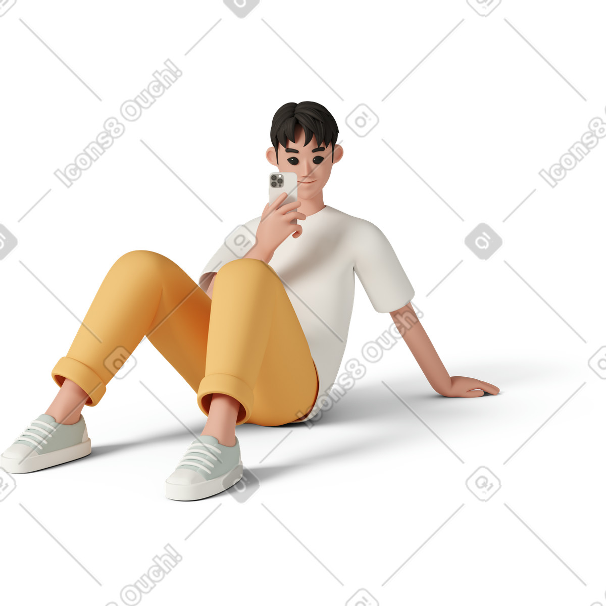 下载 3D Casual life 风格的 Young man sitting on floor and making photo with smartphone 插画，支持 PNG、SVG 格式