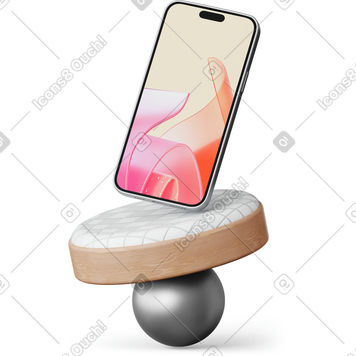 下载 3D Hygge 风格的 Smartphone standing on metal sphere 动画插图，支持 GIF、Lottie （JSON）、AE 格式