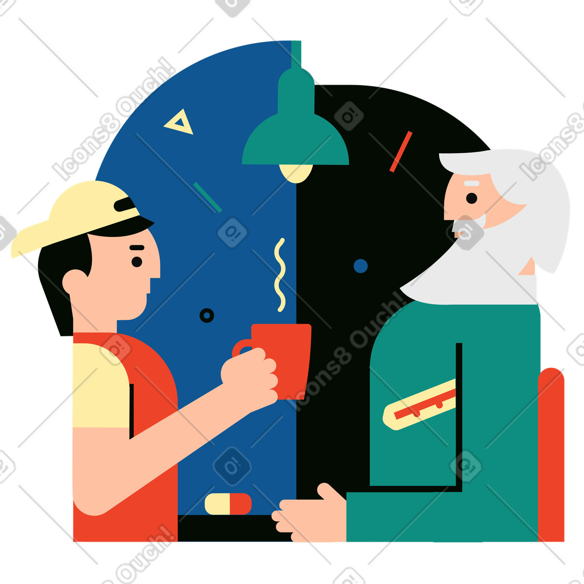 Man looking after his sick grandfather illustration in Polar style download in PNG, SVG