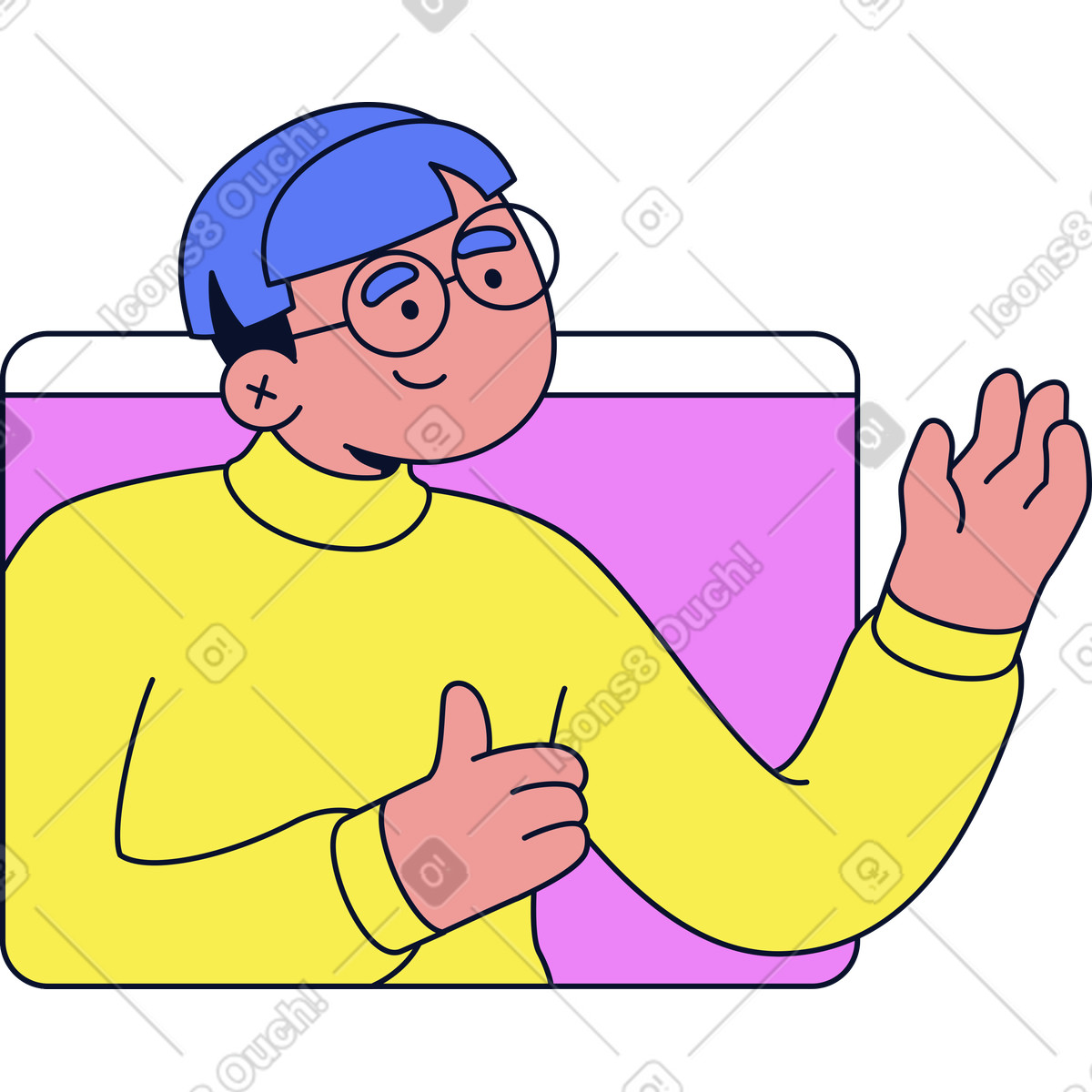 Illustration Homme montrant les pouces vers le haut dans la fenêtre du navigateur style Flexy à télécharger aux formats PNG, SVG