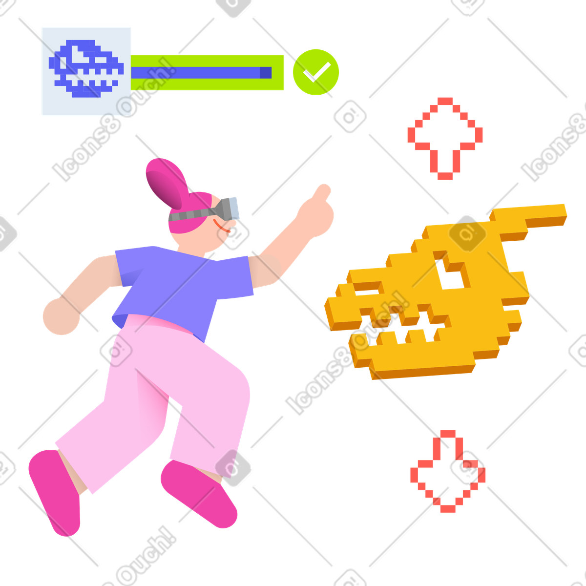 Woman using VR for interactive exhibition illustration in 8bit style download in PNG, SVG