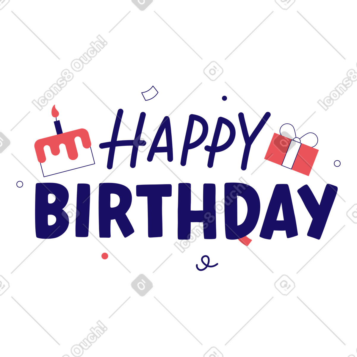 Ilustración Texto feliz cumpleaños letras con pastel y presente en estilo Bendy a descargar en PNG SVG