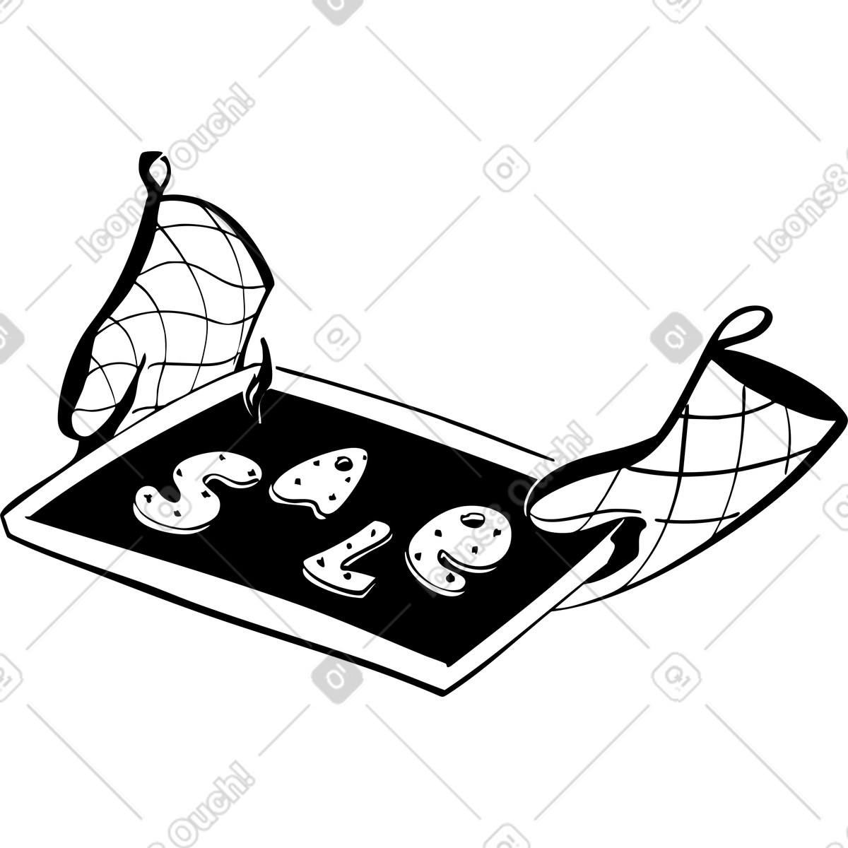 Baking sheet with oven mitts and cookies sale lettering illustration in Line style download in PNG, SVG