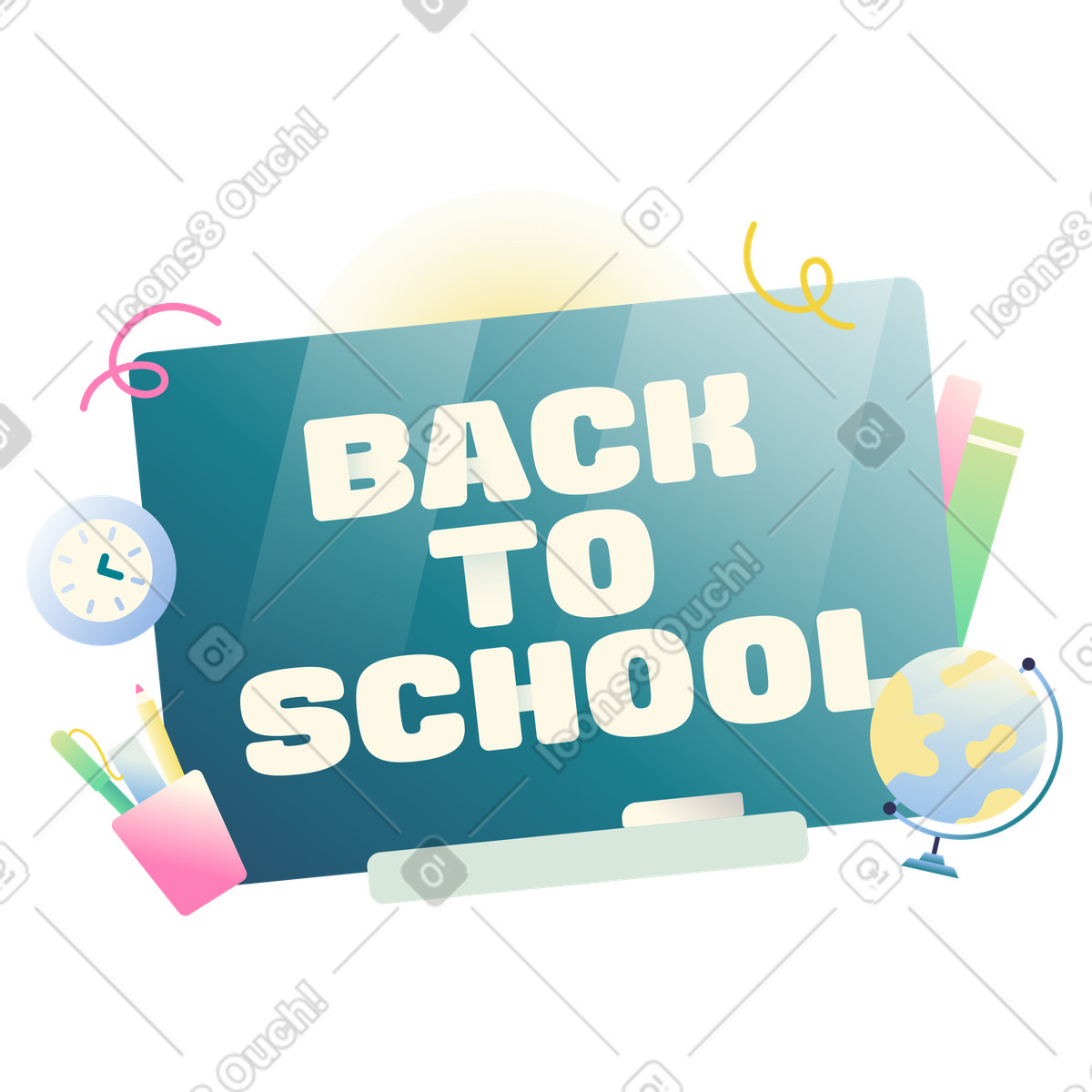 Schriftzug „back to school“ an bord mit globus und bleistifttext-Illustration im Beam-Stil als Download in PNG, SVG