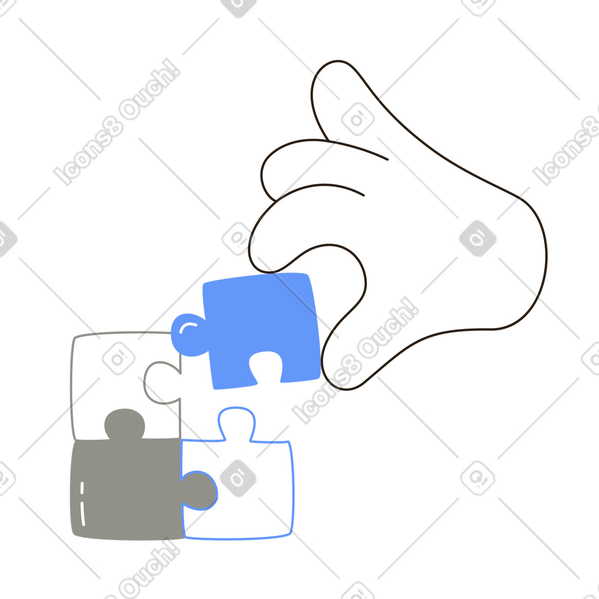 Hand assembling jigsaw puzzle pieces, problem solving and strategic thinking, strategy planning in business illustration Plain style download PNG, SVG