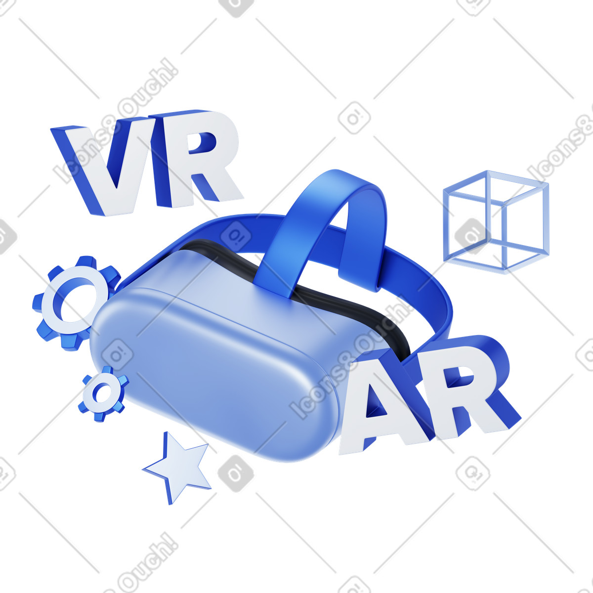 Visore per realtà virtuale blu con lettere vr e ar fluttuanti, innovazione digitale ed esperienza immersiva illustrazione animata in stile 3D Techny scaricabile in GIF, Lottie (JSON), AE