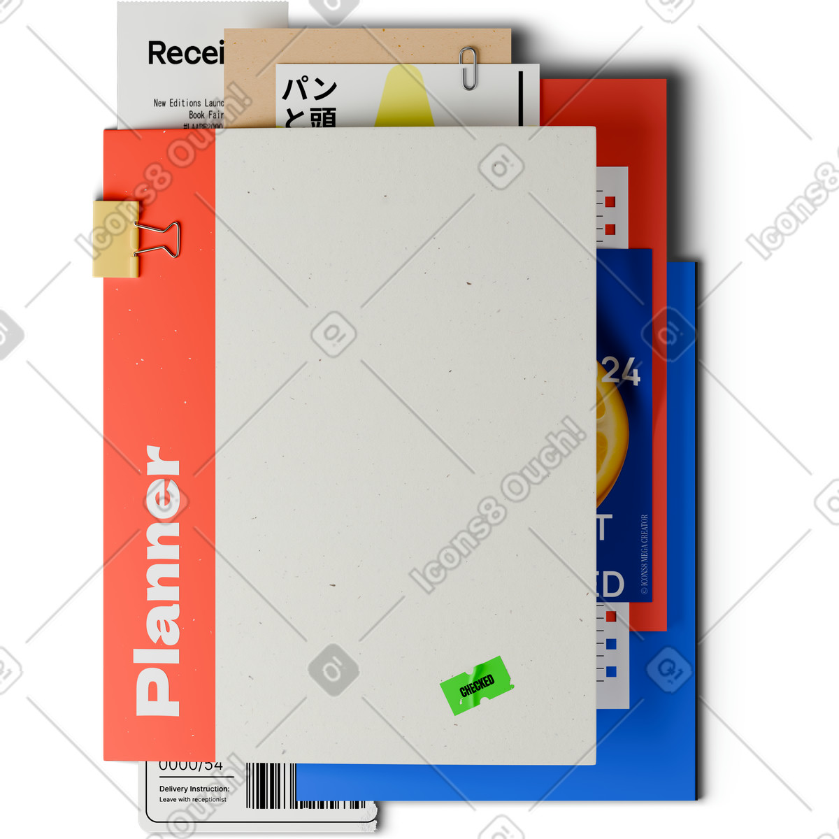 3D Hygge スタイルの Top view of stack notebooks with notes のイラストをPNG、SVG形式でダウンロード