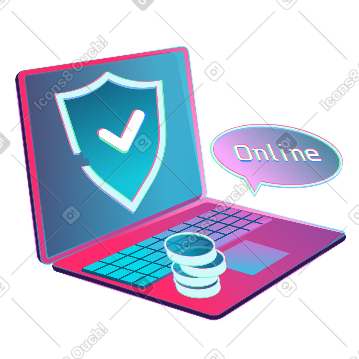 Illustration Laptop with shield and coins, Secure online payment transaction dans le style Neon à télécharger aux formats PNG, SVG
