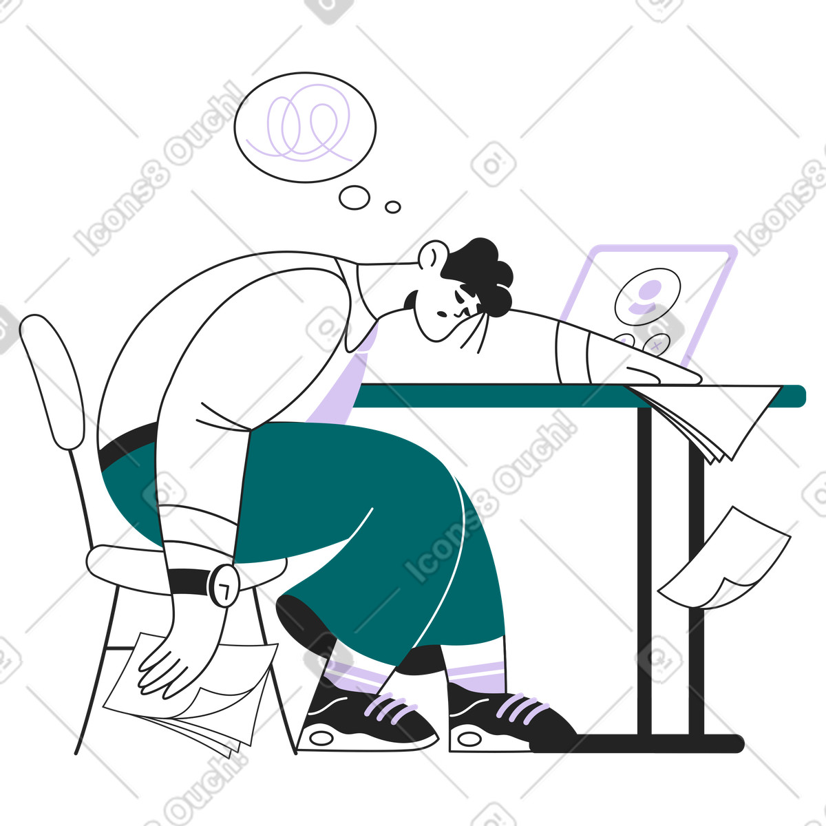 下载 Sammy Line 风格的 Tired team member at messy desk, workplace burnout and stress 插画，支持 PNG、SVG 格式