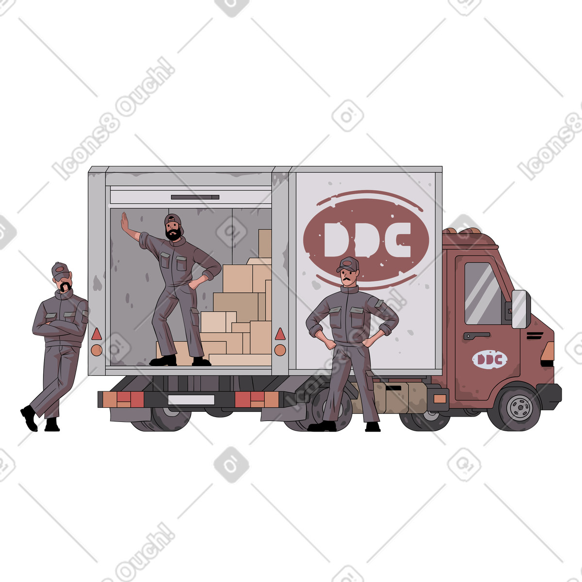 Illustration Hommes debout à l’arrière d’un camion de livraison dans le style Eastwood télécharger aux formats PNG, SVG
