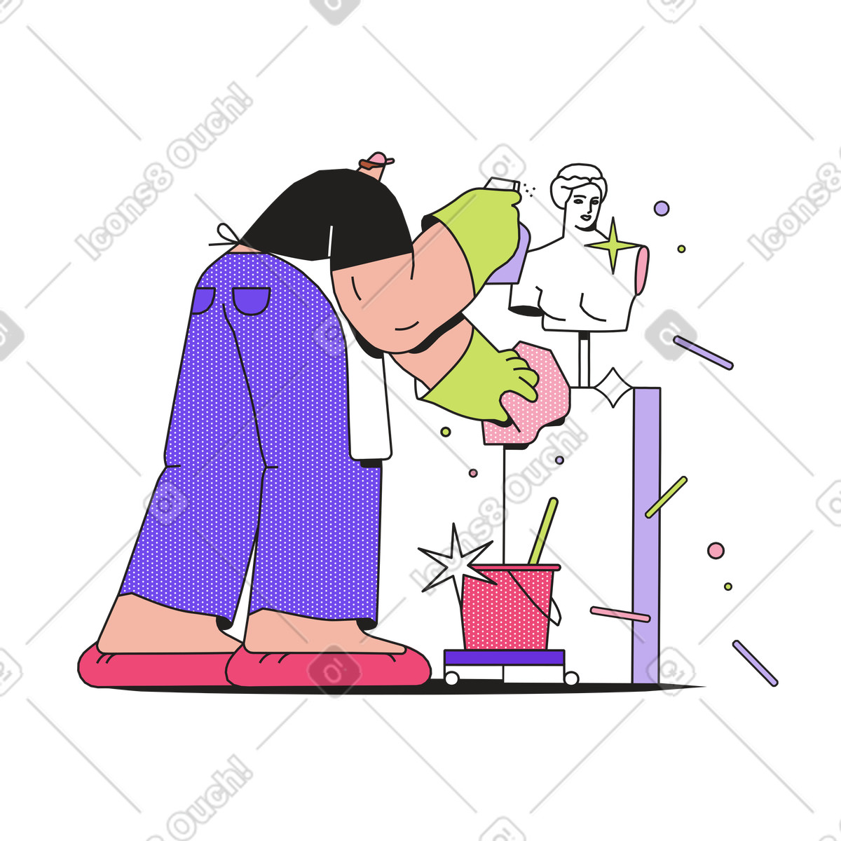 Illustration Person polishing statue with cleaning supplies, professional job dans le style Dazzle à télécharger aux formats PNG, SVG