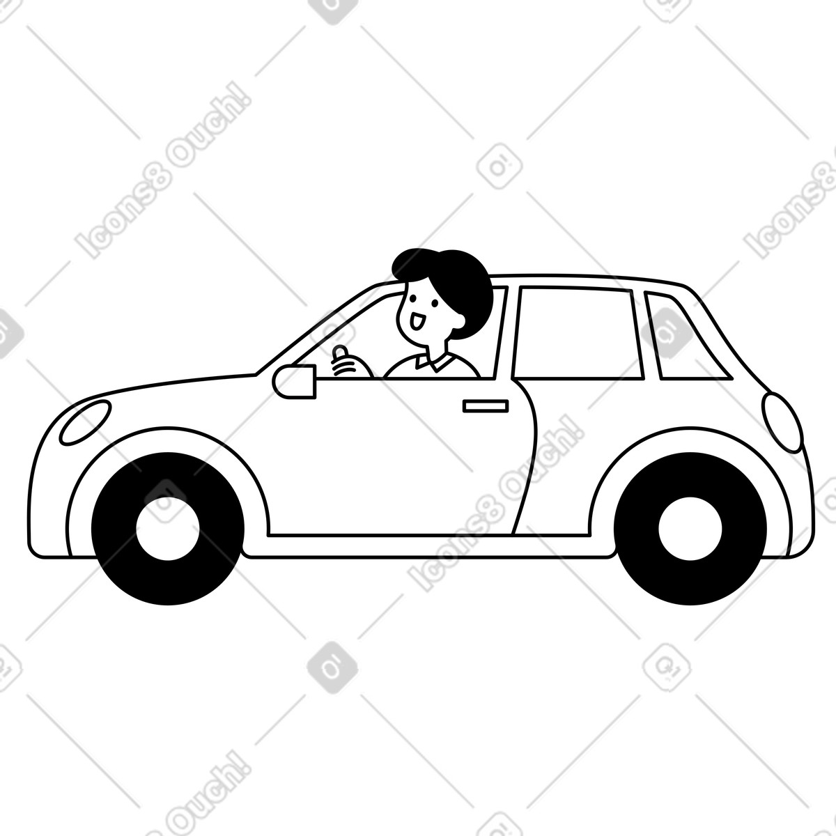 Notion Line Art 스타일의 Automobile side profile with happy driver gripping steering wheel 일러스트레이션 PNG, SVG 다운로드