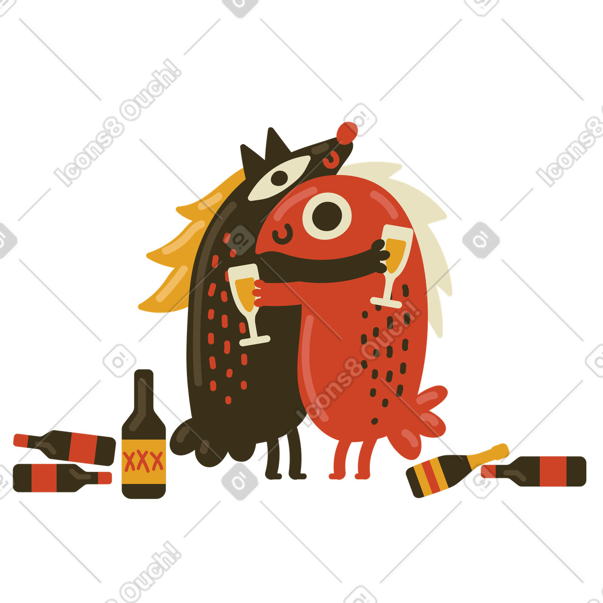 Tipsy friends holding champagne glasses in a hug illustration in PNG, SVG