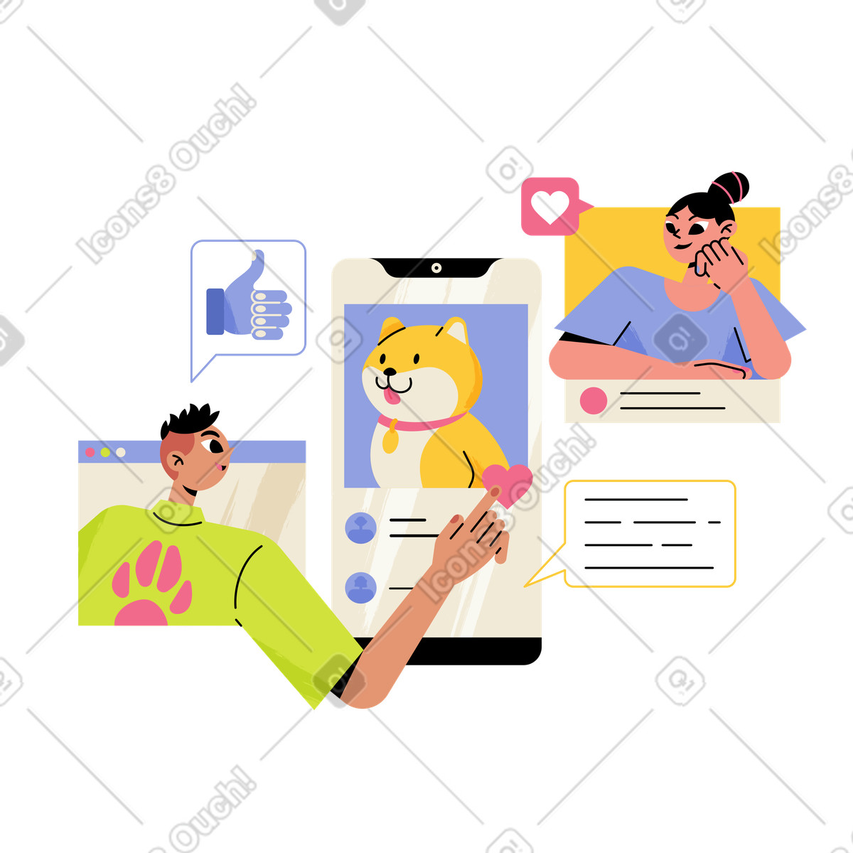 Illustration Friends giving hearts and thumbs up to dog post, Social network activity dans le style Juicy à télécharger aux formats PNG, SVG