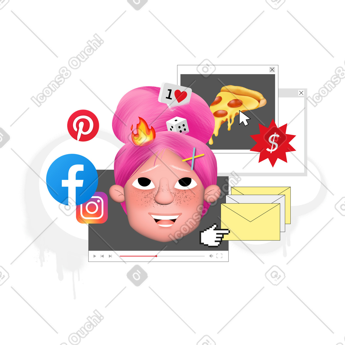 Giovane donna circondata da mi piace, sconti, pubblicità, social network su internet illustrazione in stile Jumble scarica in PNG, SVG