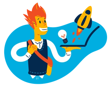 A man holding a laptop with a rocket - Flame style illustration