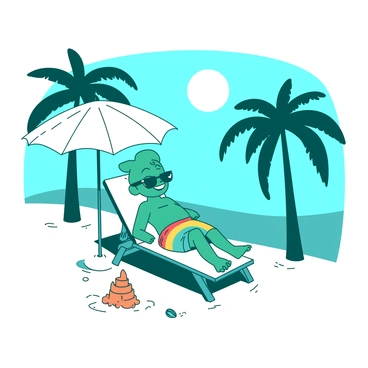 A teal cartoon character resembling Vadivelu is lounging on a white beach chair beneath a bright sun. The character is wearing colorful swim shorts and sunglasses, with a wide smile on his face. A small white umbrella is providing shade next to him, while tropical palm trees sway gently in the background. In front of the character, there is a white sand beach with a few scattered seashells and a small orange sandcastle. The sky above is clear blue, enhancing the sunny atmosphere of the scene.