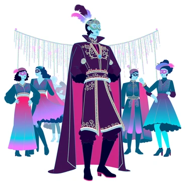 Prince Prospero standing proudly in a luxurious, intricately designed regal costume. He has a tall, elegant figure adorned with gold embroidery and rich purple fabric. His mask, ornate and feathered, obscures part of his face while accentuating his noble features. He is surveying the masquerade around him, observing guests dressed in vibrant, elaborate costumes filled with color and texture. The atmosphere is filled with an air of mystery, as people dance and mingle, their masked faces adding to the allure of the celebration. In the background, opulent decorations and twinkling lights enhance the grandeur of the event.