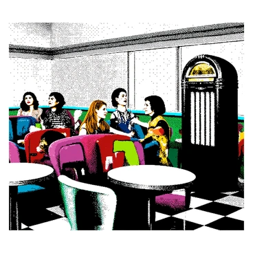 A 1950s-style diner is filled with colorful booths arranged in neat rows, each booth adorned with shiny vinyl upholstery. In the corner, a classic jukebox stands tall, its details capturing the intricate designs of the era. Various cartoon characters are animatedly interacting throughout the diner, each dressed in vintage outfits reflective of the 1950s fashion. Some characters are seated at the booths, while others are gathered around the jukebox, enjoying the music. The scene conveys the lively atmosphere of a bustling diner during this time period.
