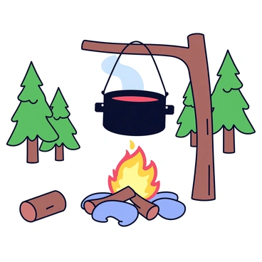 A black iron pot hanging from a sturdy wooden branch above a campfire. The fire below has lively orange and yellow flames, surrounded by a circle of smooth stones. The pot is steaming, indicating a hearty meal is being cooked inside. In the background, there are tall green trees and a starry night sky. Some scattered logs and small rocks are positioned on the ground around the fire.