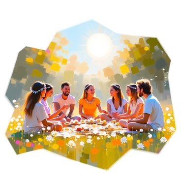 A group of diverse people celebrating the summer solstice, each wearing colorful clothing. They are gathered in a sunlit meadow decorated with wildflowers. Each person has a delicate daisy chain woven into their hair, adding to the festive atmosphere. Some are laughing and dancing, while others are sitting in a circle, sharing stories. The sun is shining brightly overhead, casting warm light across the scene. In the background, lush green trees provide a serene setting for the joyous celebration.