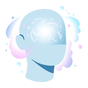 A head with a smooth surface is positioned in a frontal view. The area where the eyes would be features swirling "stars" and "galaxies," creating a vibrant, dynamic appearance. The background consists of a gradient of pastel colors, enhancing the ethereal quality of the scene. The overall composition captures a cosmic theme, emphasizing the intricate details within the eye space.