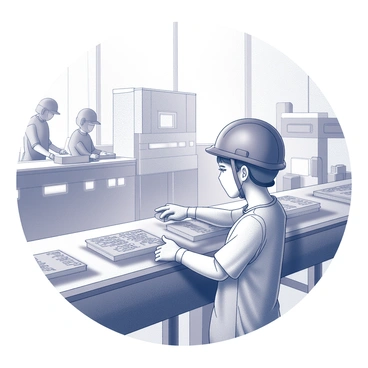 A young child is positioned at a conveyor belt in a busy factory. The child is wearing protective gear, including a safety helmet and gloves. The conveyor belt is filled with various items moving along it, showcasing the fast-paced environment. Machinery is visible in the background, with workers focused on their tasks. The child appears concentrated, using both hands to handle an item on the conveyor belt. The factory is filled with visible details like tools and equipment, contributing to the overall industrious atmosphere.