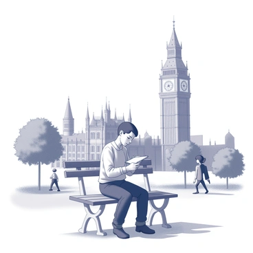 An individual seated on a bench in front of a well-known landmark. The landmark is a tall, iconic structure with intricate architectural details, towers, or domes prominently visible. The person is focused on sketching in a notepad, holding a pencil in one hand while the other supports the notepad on their lap. The individual's facial expression shows concentration, and the scene captures a sense of artistic engagement. Surrounding the individual are a few trees and people casually walking by, adding to the lively atmosphere of the location.
