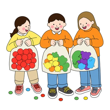 A group of three children, each with light skin, stands together holding bags filled with colorful candies. The first child has a bag that is mostly filled with round red candies, representing three-fourths of the bag, while one-fourth is filled with yellow star-shaped candies. The second child is holding a bag that contains half purple gummy bears and half green jellybeans. The third child has a bag filled with two-thirds of blue chocolates and one-third of orange lollipops. Each child has a big smile, and they are looking at their bags with excitement. They are wearing bright, casual clothes and are outside in a sunny setting, with scattered candies on the ground around them.