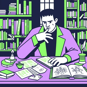 Victor Frankenstein is seated at a large wooden desk, deep in thought. His brow is furrowed, and he is looking down at a series of scattered notes and open books spread across the desk. The room is filled with tall bookshelves packed with various volumes, some stacked haphazardly. Dim light filters through a small window, casting shadows over the clutter. In front of him, a flickering candle illuminates detailed sketches of anatomical figures and diagrams. There is an inkpot and quill pen on the desk, alongside a few crumpled papers showing signs of frustration. A large, leather-bound tome lies open, revealing intricate illustrations. The overall atmosphere is one of intense focus and chaotic creativity.