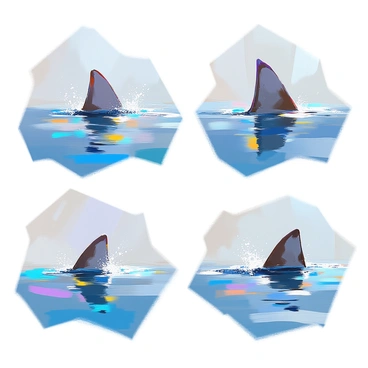 A collection of illustrations showcasing various shark fins breaking the surface of the water. Each illustration features different types of shark fins, including a long, triangular fin of a great white shark, a tall, curved dorsal fin of a tiger shark, and a small, rounded fin of a nurse shark. The water is depicted as a deep blue, with gentle ripples around each fin, emphasizing their movement. The sunlight reflects off the surface, creating sparkling highlights, enhancing the dynamic nature of the scene. Each fin is clearly distinguishable, set against the contrasting colors of the water.